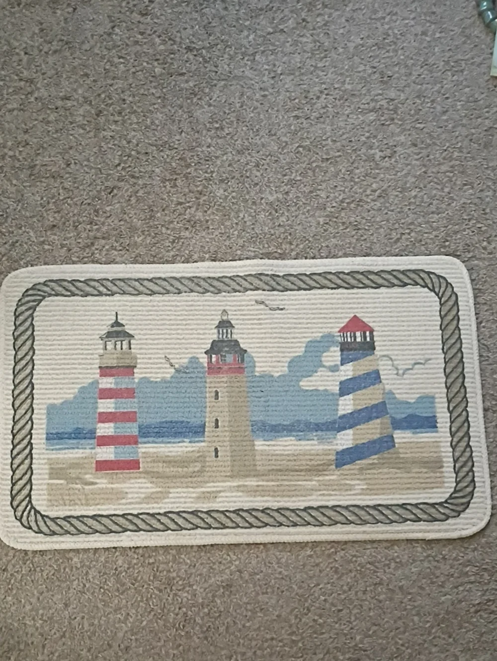 Coastal Lighthouse Door Mat in Red, Blue & Tan - Picture 1 of 3